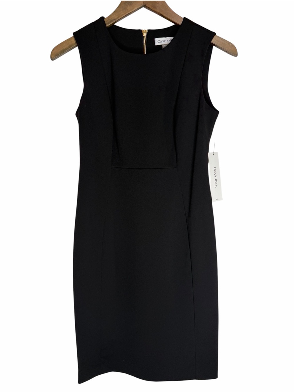 NWT Calvin Klein Black Sleeveless Sheath Dress size 6P Gold Back Zip Classic